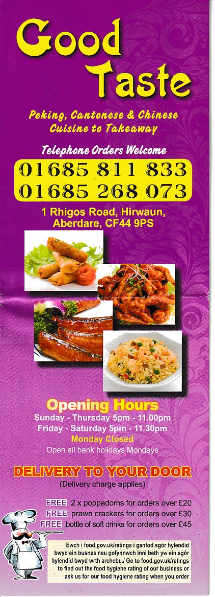 Menu of Good Taste,Chinese Takeaway Hirwaun
